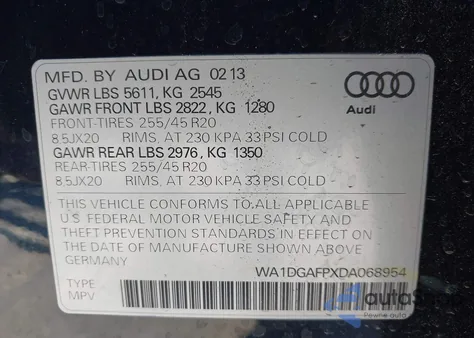 2013 Audi Q5 3.0T Premium Plus from USA, damaged, VIN WA1DGAFPXDA068954